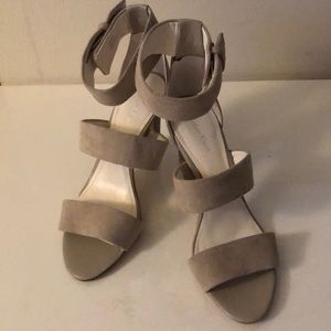 Calvin Klein light grey suede 4” heel sandals, 7